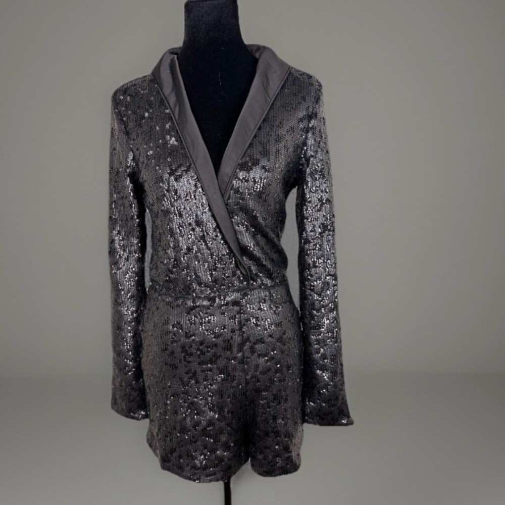 NBD Black Sequin Blazer romper with Satin Shawl Lapel – Size Small, NWT